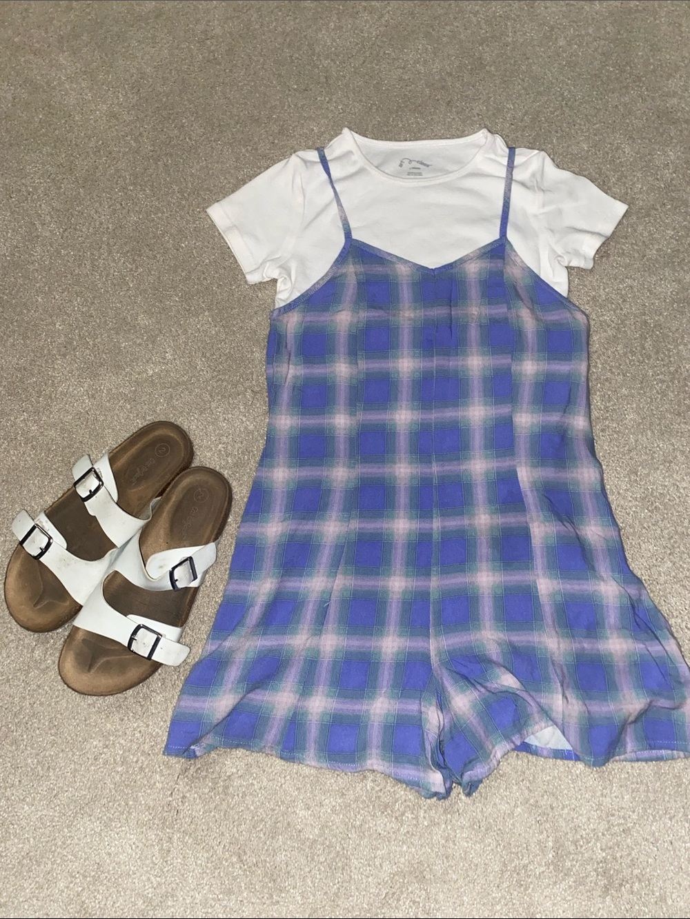 Purple Plaid Slip Romper shorts with White Tee